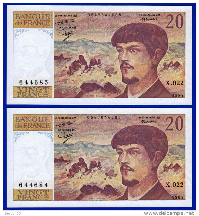 DEUX BILLETS PAIRE 20 FRANCS DEBUSSY NEUF TRACE DE COMPTAGE TYPE 1980 ALPHABET X.022 N° 644684 ET 644685 DE 1987 - 20 F 1980-1997 ''Debussy''