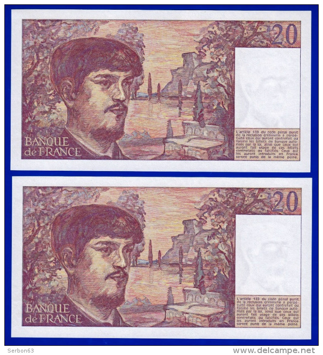 DEUX BILLETS PAIRE 20 FRANCS DEBUSSY NEUF TRACE DE COMPTAGE TYPE 1980 ALPHABET X.022 N° 644684 ET 644685 DE 1987 - 20 F 1980-1997 ''Debussy''