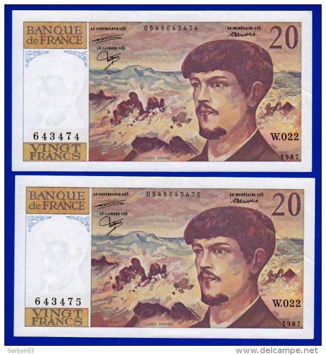 DEUX BILLETS PAIRE 20 FRANCS DEBUSSY NEUF TRACE DE COMPTAGE TYPE 1980 ALPHABET W.022 N° 643474 ET 643475 DE 1987 - 20 F 1980-1997 ''Debussy''