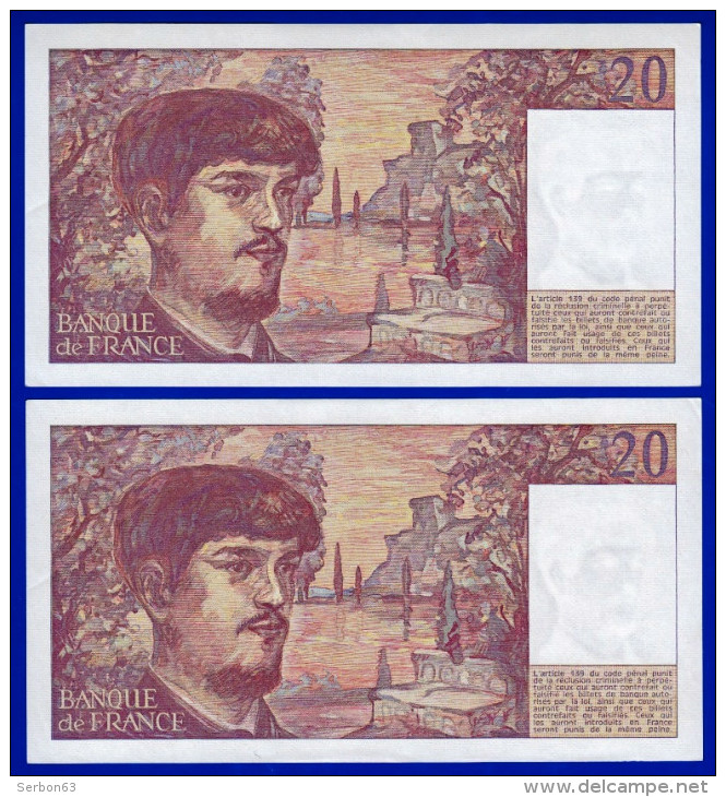 DEUX BILLETS PAIRE 20 FRANCS DEBUSSY NEUF TRACE DE COMPTAGE TYPE 1980 ALPHABET W.022 N° 643474 ET 643475 DE 1987 - 20 F 1980-1997 ''Debussy''