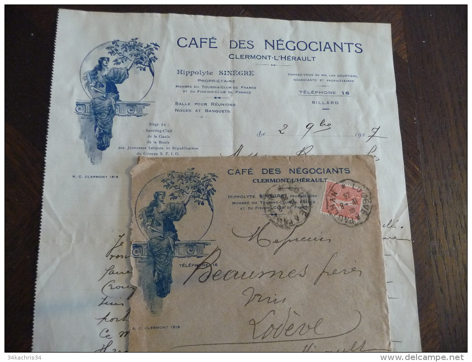 Facture /lettre à En Tête+envelloppe Illustrées.café Des Négociants.Clermont L'Hérault./1927. Art Déco Par Bersuit - Alimentaire
