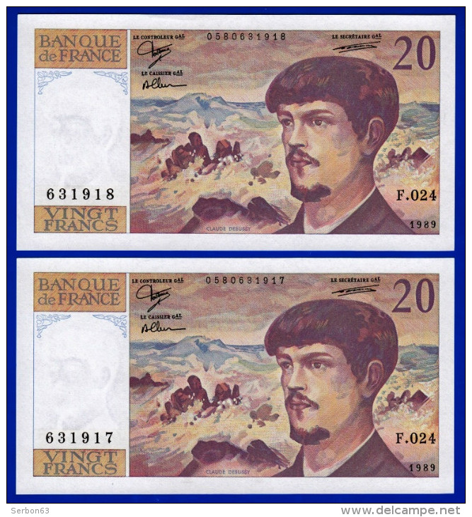 DEUX BILLETS PAIRE 20 FRANCS DEBUSSY NEUF TYPE 1980 ALPHABET F.024 N° 631917 ET 631918 DE 1989 - 20 F 1980-1997 ''Debussy''