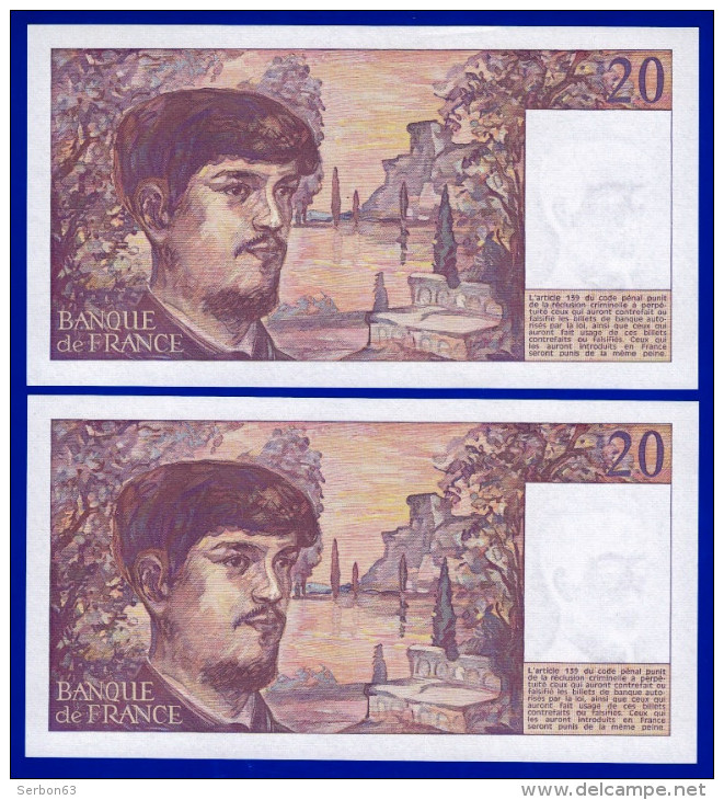 DEUX BILLETS PAIRE 20 FRANCS DEBUSSY NEUF TYPE 1980 ALPHABET F.024 N° 631917 ET 631918 DE 1989 - 20 F 1980-1997 ''Debussy''