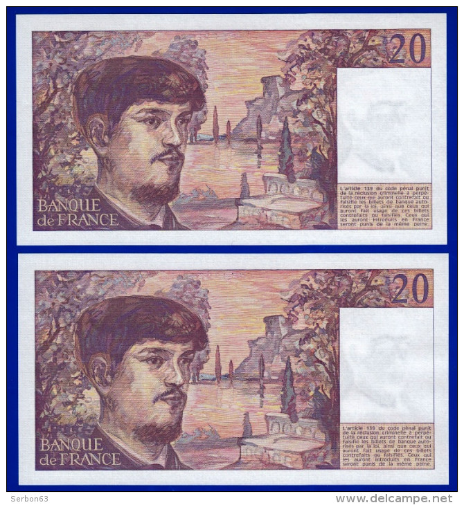 DEUX BILLETS PAIRE 20 FRANCS DEBUSSY NEUF TYPE 1980 ALPHABET L.024 N° 630214 ET 630213 DE 1989 - 20 F 1980-1997 ''Debussy''