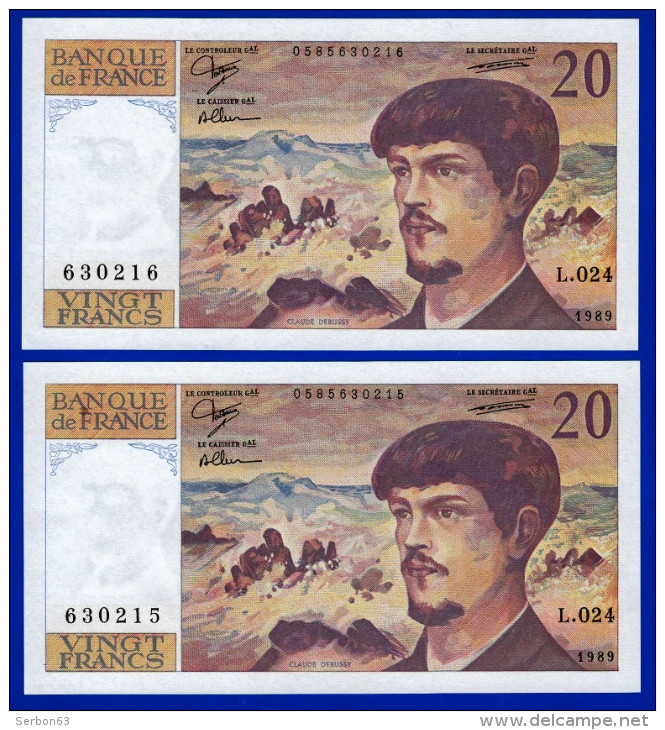 DEUX BILLETS PAIRE 20 FRANCS DEBUSSY NEUF TYPE 1980 ALPHABET L.024 N° 630215 ET 630216 DE 1989 - 20 F 1980-1997 ''Debussy''