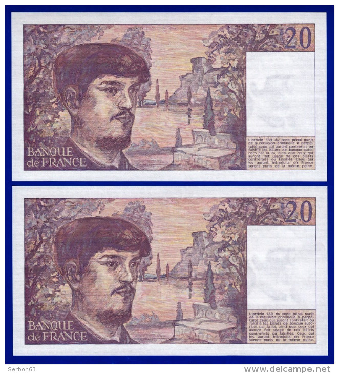 DEUX BILLETS PAIRE 20 FRANCS DEBUSSY NEUF TYPE 1980 ALPHABET G.024 N° 631804 ET 631805 DE 1989 - 20 F 1980-1997 ''Debussy''