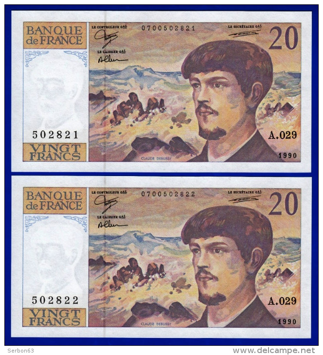 DEUX BILLETS PAIRE 20 FRANCS DEBUSSY NEUF TYPE 1980 ALPHABET A.029 N° 502822 ET 502821 DE 1990 - 20 F 1980-1997 ''Debussy''