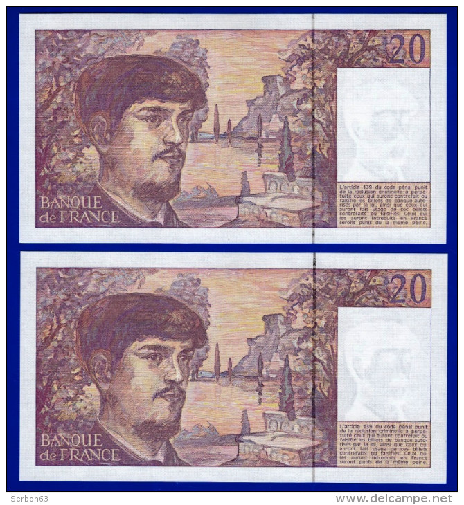 DEUX BILLETS PAIRE 20 FRANCS DEBUSSY NEUF TYPE 1980 ALPHABET A.029 N° 502822 ET 502821 DE 1990 - 20 F 1980-1997 ''Debussy''