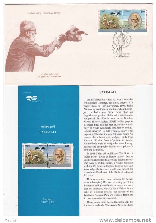 FDC + Information On Salim Ali, Ornithologist Explorer Ecologist Writer, Bird Stork, Wildlife Conservation, India 1996 - Cigognes & échassiers