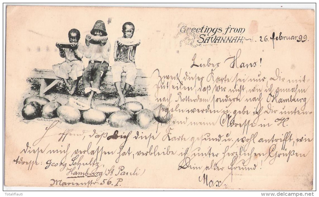 Greetings From SAVANNAH Georgia Private Mailing Carte 27.2.1899 Black Boys Eat Melones The Alberty  PY Co N.Y. - Savannah