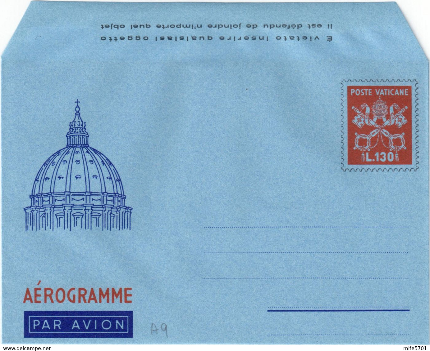 VATICANO - INTERO POSTALE / AEROGRAMMA - AEROGRAMME TIPO PAOLO VI L. 130 - 1966 - CATALOGO FILAGRANO "A9" - NUOVO ** - Enteros Postales