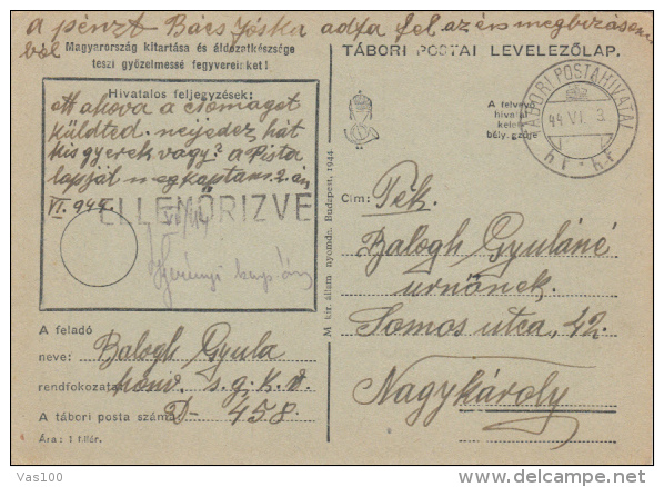 MILITARY POSTCARD, CENSORED, WW2, 1944, HUNGARY - Lettres & Documents