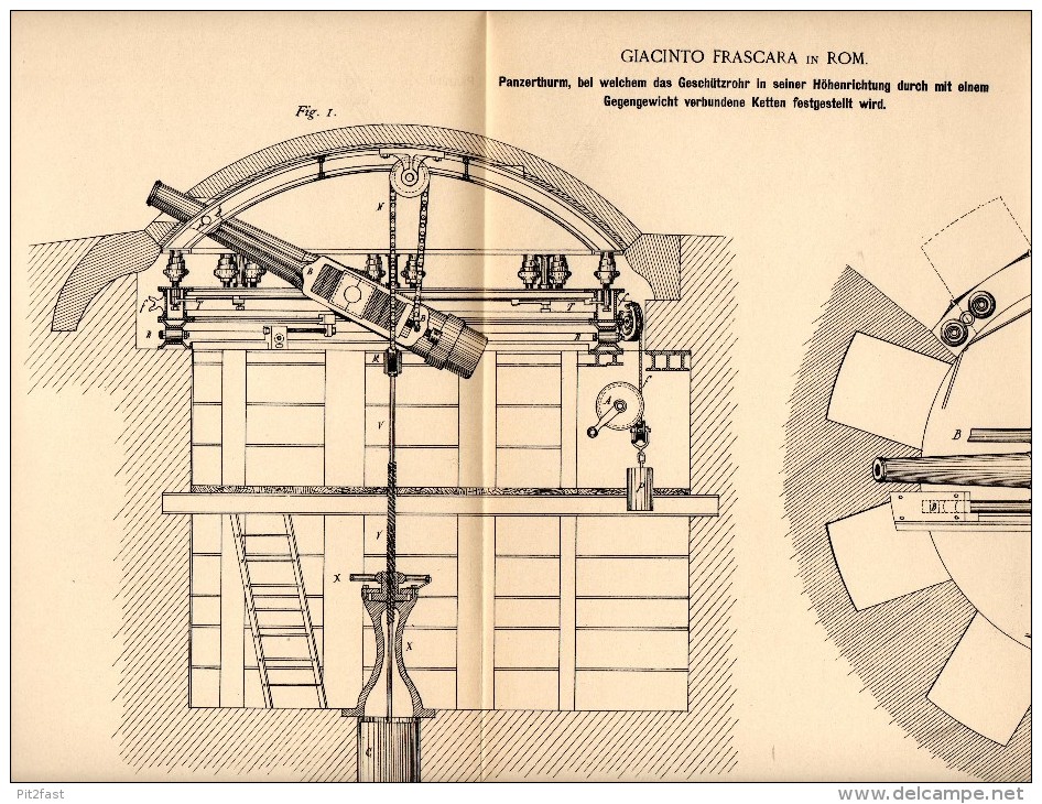 Original Patentschrift - Giacinto Frascara In Rom , 1890 , Turm Für Panzer Mit Kette , Geschütz , Bunker , Kanone !!! - Fahrzeuge