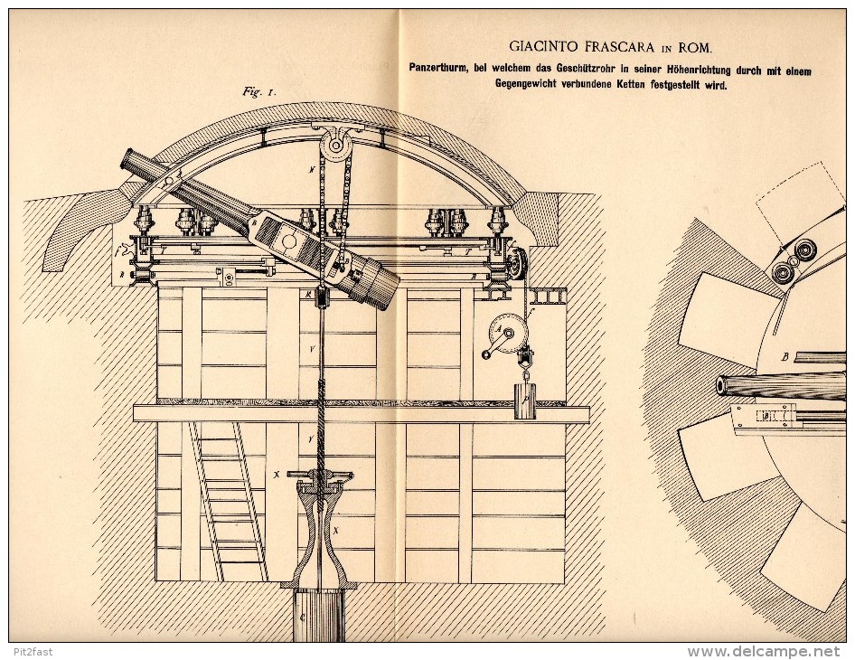 Original Patentschrift - Giacinto Frascara In Rom , 1890 , Turm Für Panzer Mit Kette , Geschütz , Bunker , Kanone !!! - Véhicules