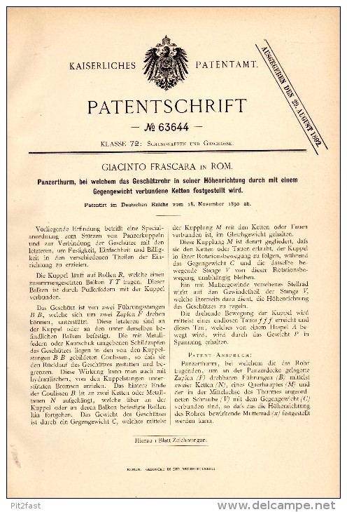 Original Patentschrift - Giacinto Frascara In Rom , 1890 , Turm Für Panzer Mit Kette , Geschütz , Bunker , Kanone !!! - Fahrzeuge