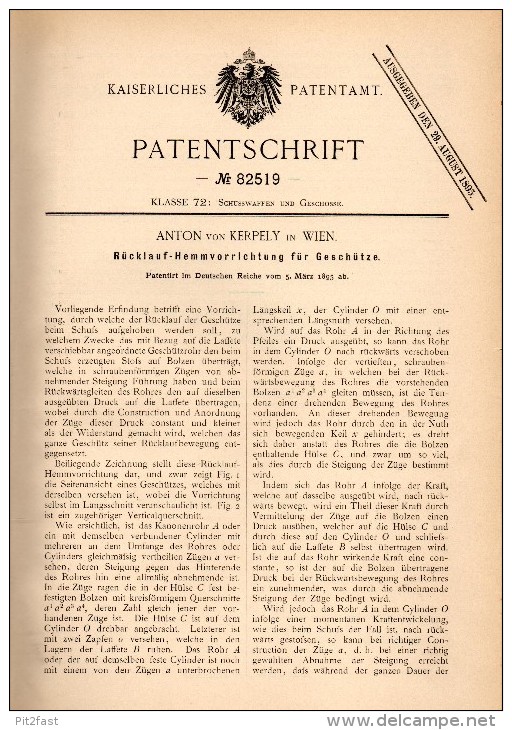 Original Patentschrift - Anton Von Kerpely In Wien , 1895 , Geschütz - Rücklaufhemmung , Kanone !!! - Voertuigen