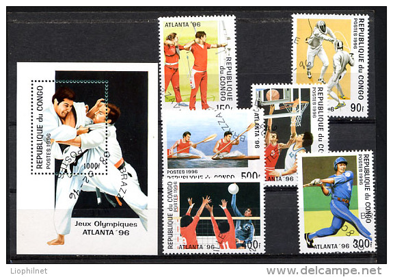 CONGO 1996, JUDO TIR ARC ESCRIME BASE-BALL BASKET-BALL CANOE-KAYAK VOLLEY, 6 Valeurs Et 1 Bloc, Oblitérés / Used. R884 - Zomer 1996: Atlanta