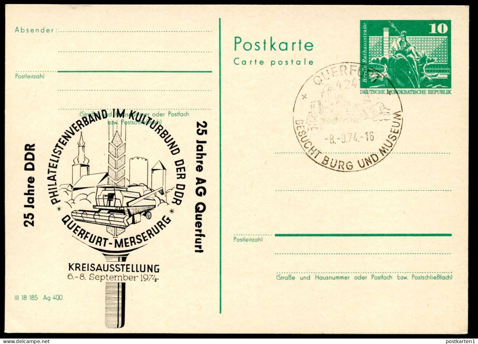 DDR P79-7-74 C13 Postkarte PRIVATER ZUDRUCK Mähdrescher Querfurt Sost. Burg 1974 - Cartes Postales Privées - Oblitérées
