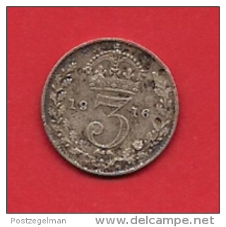 UK, 1916,  Circulated Coin, 3 Pence,  .925  Silver, KM813, C1774 - F. 3 Pence