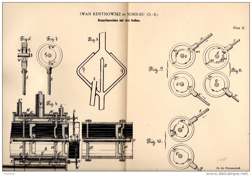 Original Patentschrift - Iwan Kentnowski In Sohrau / Zory , 1890 , Dampfmaschine Mit Drei Kolben , Schlesien !!! - Macchine