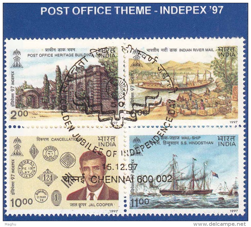 Stamped Information On Post Ofiice, Se-tenent INDEPEX Philately Exhibition Elephant Logo, Jal Cooper Ship,  India 1997 - Covers & Documents