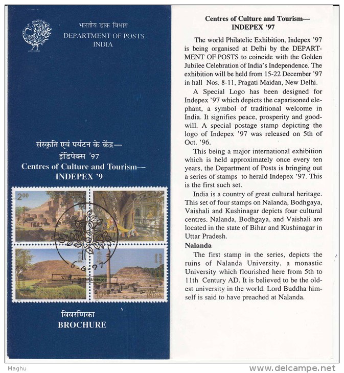 Stamped Information Culture, Tourism Se-tenent INDEPEX Philately Exhibition Buddhism,  Temple, Lion Pillar, India 1997 - Buddhism