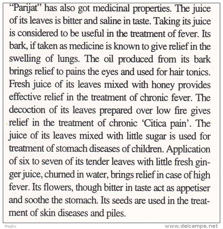 Stamped Information Se-tenent Parijat, Divine Tree, Night Jasmine, Flower, Medicinal Plant, Health, India 1997 - Trees