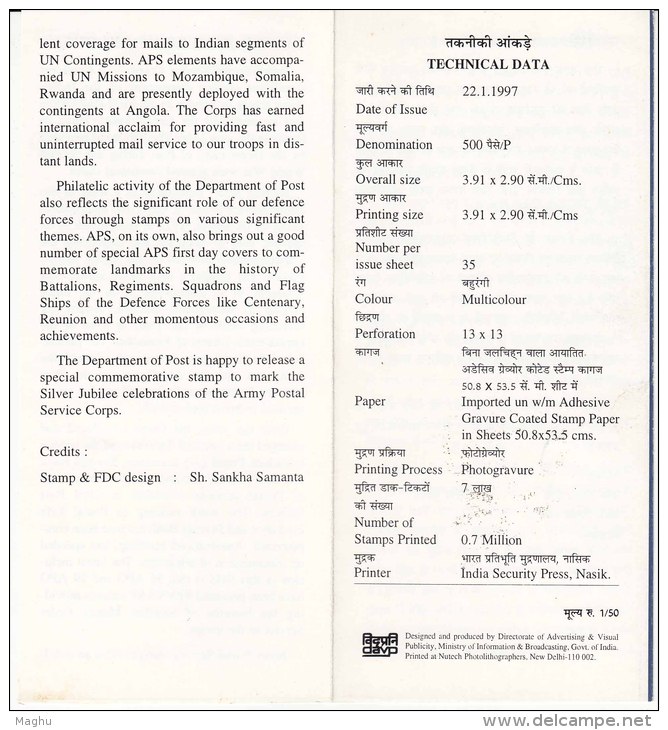 Stamped Information On APS Corps, Army Postal Service, Helicopter, Swan Bird Catchet, Defence, India 1997 - Swans