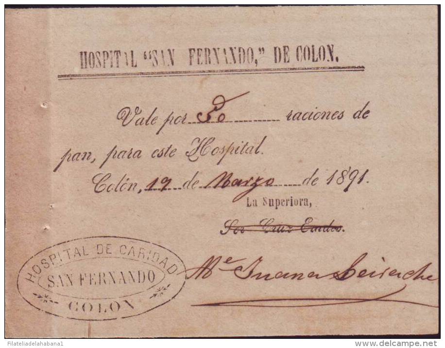 E4613 CUBA SPAIN1891 VALE FOR PAN. HOSPITAL S.FERNAND0 ESPAÑA - Other & Unclassified