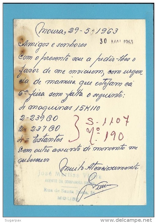 MOURA - BEJA - 20.05.1963 - AGENTE SINGER - INTEIRO POSTAL STATIONERY - CONHEÇA AS SUAS DANÇAS - TORRADINHAS - PORTUGAL - Postwaardestukken