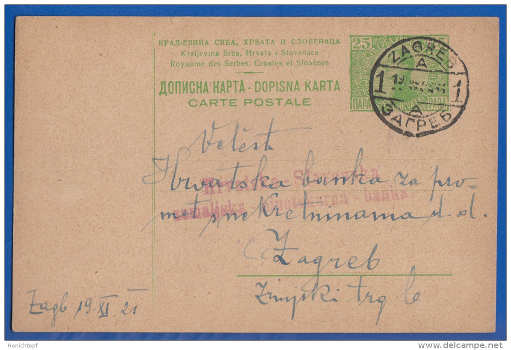 Jugoslawien; Kraljevina PC 25 Pa; 1921 Zagreb Mit Roter Stempel Hrovatska Slovenska Banka - Briefe U. Dokumente