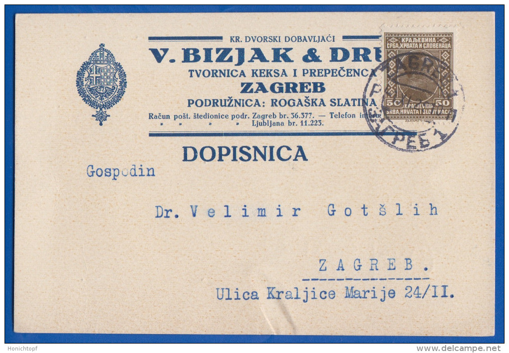 Jugoslawien; Kraljevina PC 50 Pa; 1929 Zagreb - Briefe U. Dokumente