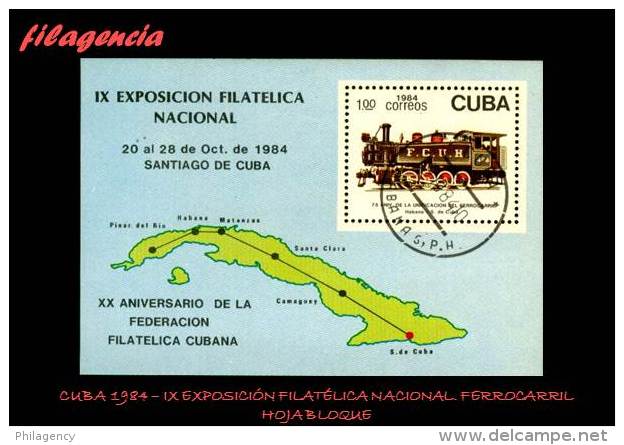 USADOS. CUBA. 1984-28 EXPOSICIÓN FILATÉLICA NACIONAL. TRENES. HOJA BLOQUE - Oblitérés