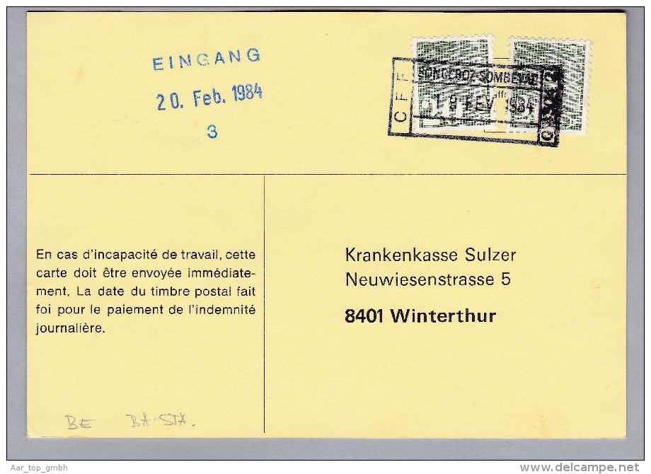 Heimat BE SONCEBOZ-SOMBEYAZ 1984-02-19 Bahnstations-stempel Auf PK - Briefe U. Dokumente