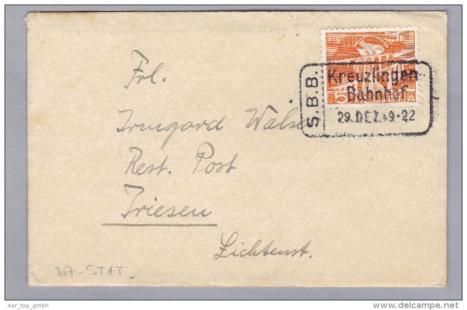 Heimat TG KREUZLINGEN Bahnhof 1949-12-29 Bahnstations-Stempel Auf Brief Nach Triesen Mit Inhalt - Covers & Documents