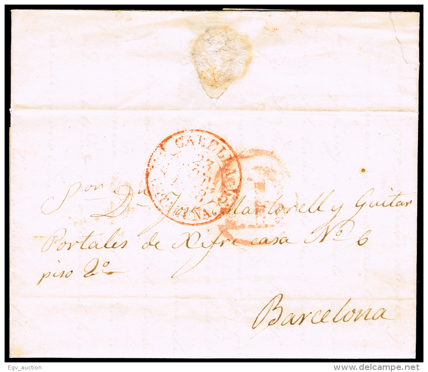 BARCELONA PREF.- CALAF PE 5 - 1848 CARTA CIRC. A BARCELONA + PORTEO 1 R - ...-1850 Préphilatélie