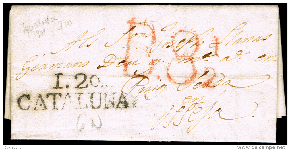 BARCELONA PREF.- IGUALADA PE 6 N - 1831 CARTA CIRC. A OSSEJA + PORTEO B 8 1/2 - ...-1850 Préphilatélie