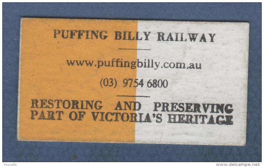 AUSTRALIE - SOUVENIR TICKET BELGRAVE TO EMERALD/LAKESIDE - ADULT RETURN - PUFFING BILLY RAILWAY - - Welt