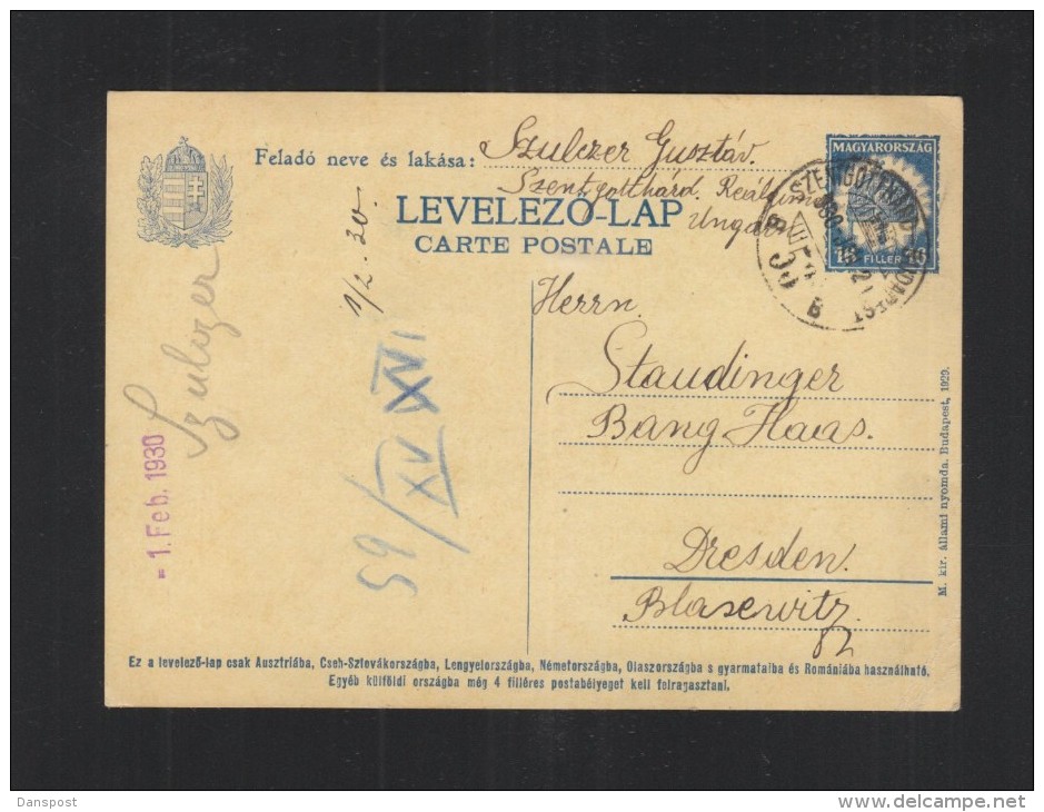 Hungary Stationery 1930 Szentgothard - Postal Stationery