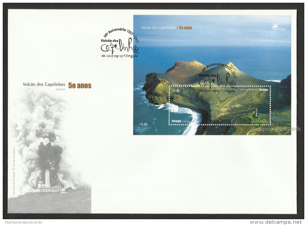 Portugal Açores Eruption Volcan Capelinhos Phare FDC Bloc 2007 Cachet Locale Azores Vulcano Lighthouse S/s FDC Local Pmk - Volcanes