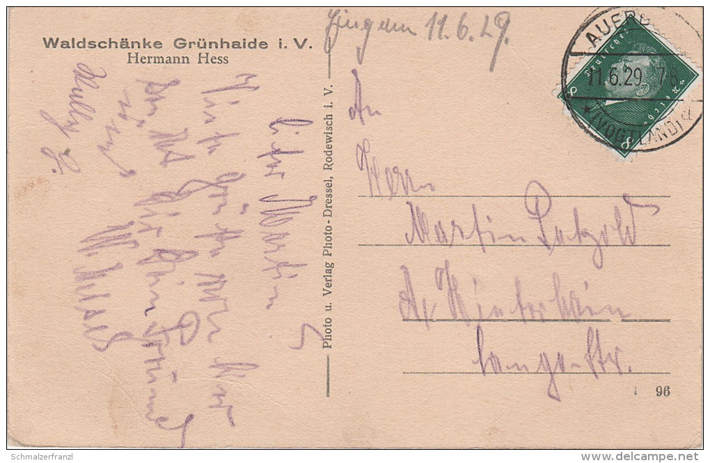 AK Grünhaide Grünheide Vogtland Waldschänke Hess Gasthaus A Auerbach Stempel Morgenröthe Schönheide Schnarrtanne - Schönheide