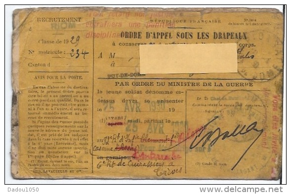 Ordre D´appel Sous Les Drapeaux  1930 - Documents