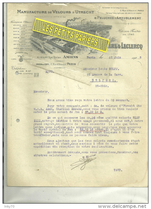 80 - Somme - AMIENS - Facture DELAROIERE & LECLERCQ - Manufacture De Velours – 1928 - 1900 – 1949