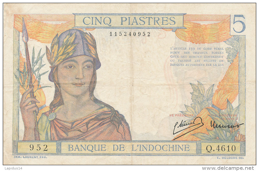 BILLETS  -INDOCHINE   1953  CINQ PIASTRES - Indocina