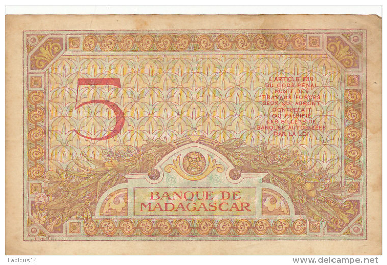 BILLETS  -MADAGASCAR   CINQ  FRANCS - Madagaskar