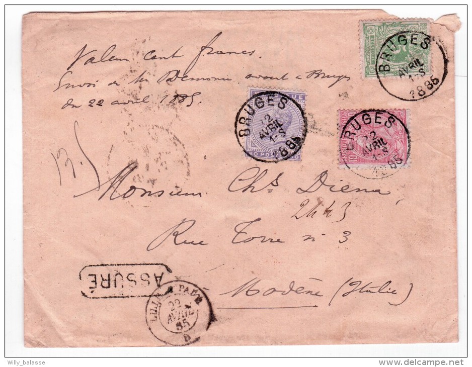 L ASSURE (100frs) Affr. N°41+45+46 De BRUGES/1885 Pour Modène (Italie). RRRR - 1883 Leopoldo II