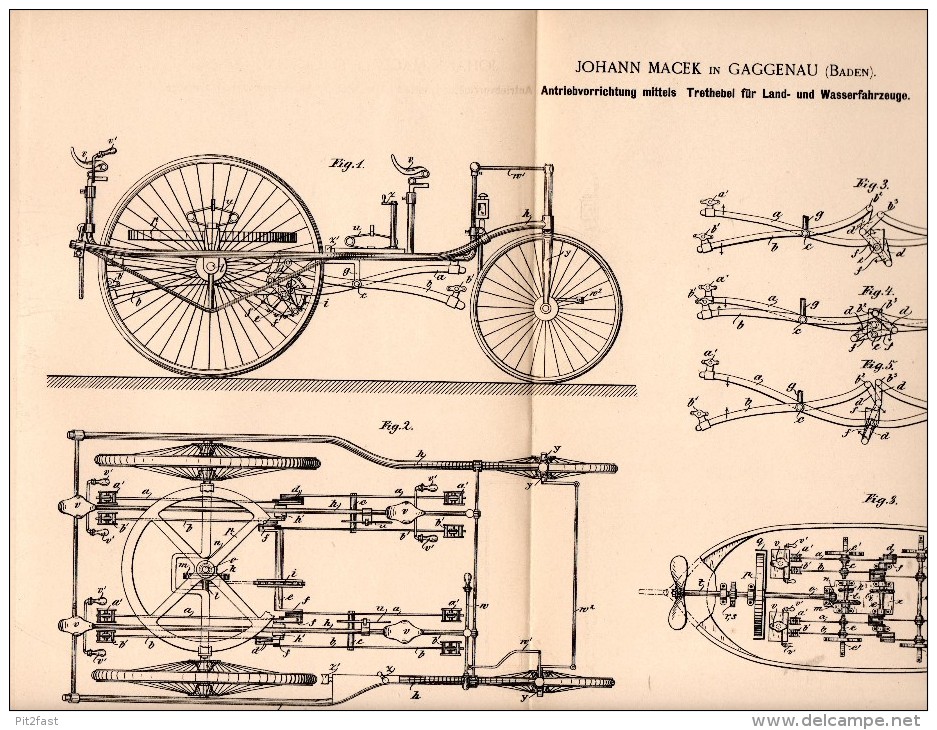 Original Patentschrift - Johann Macek In Gaggenau , 1892 , Antrieb Für Fahrrad Und Boot , Dreirad , Bicycle !!! - Maschinen