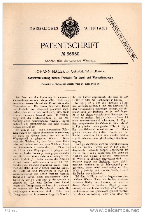 Original Patentschrift - Johann Macek In Gaggenau , 1892 , Antrieb Für Fahrrad Und Boot , Dreirad , Bicycle !!! - Maschinen