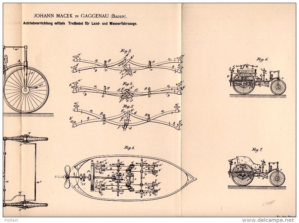 Original Patentschrift - Johann Macek In Gaggenau , 1892 , Antrieb Für Fahrrad Und Boot , Dreirad , Bicycle !!! - Maschinen