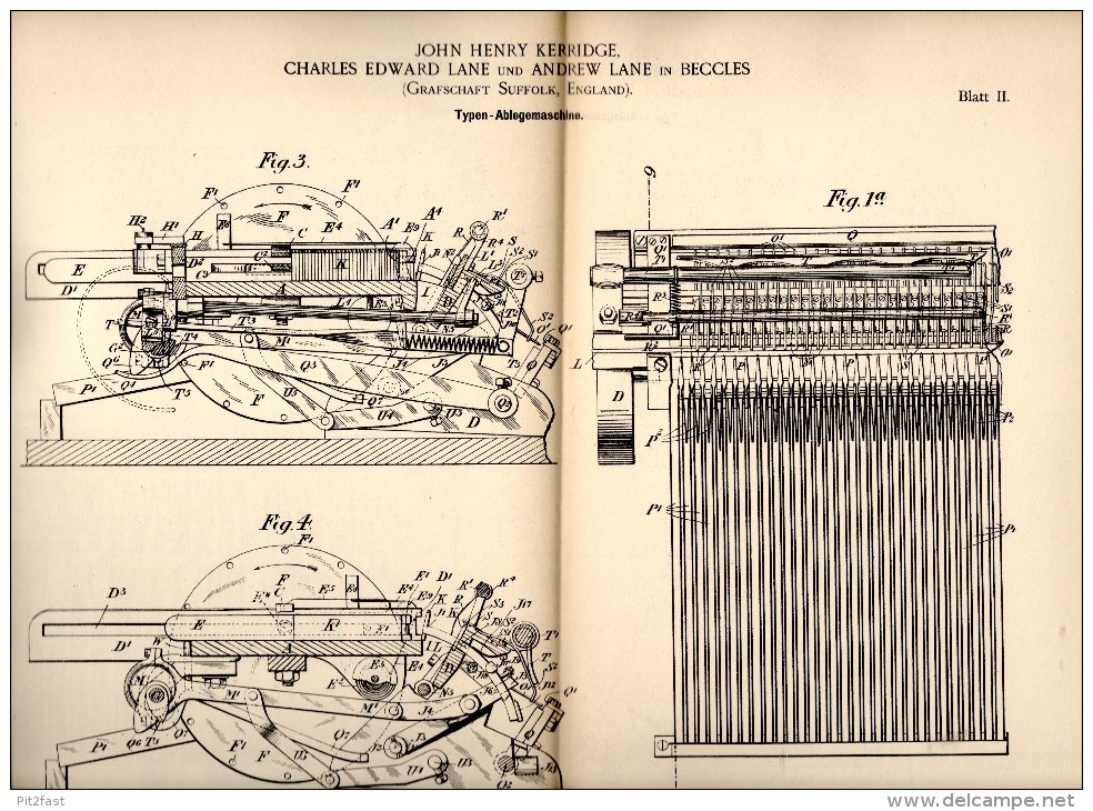 Original Patentschrift - J. Kerridge And A. Lane In Beccles , Suffolk , 1891 , Machine For Printing !!! - Tools